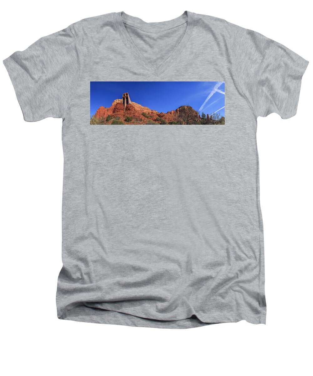 Cross Men's V-Neck T-Shirt featuring the photograph Panorama Chapel of the Holy Cross Sedona AZ by Scott Campbell