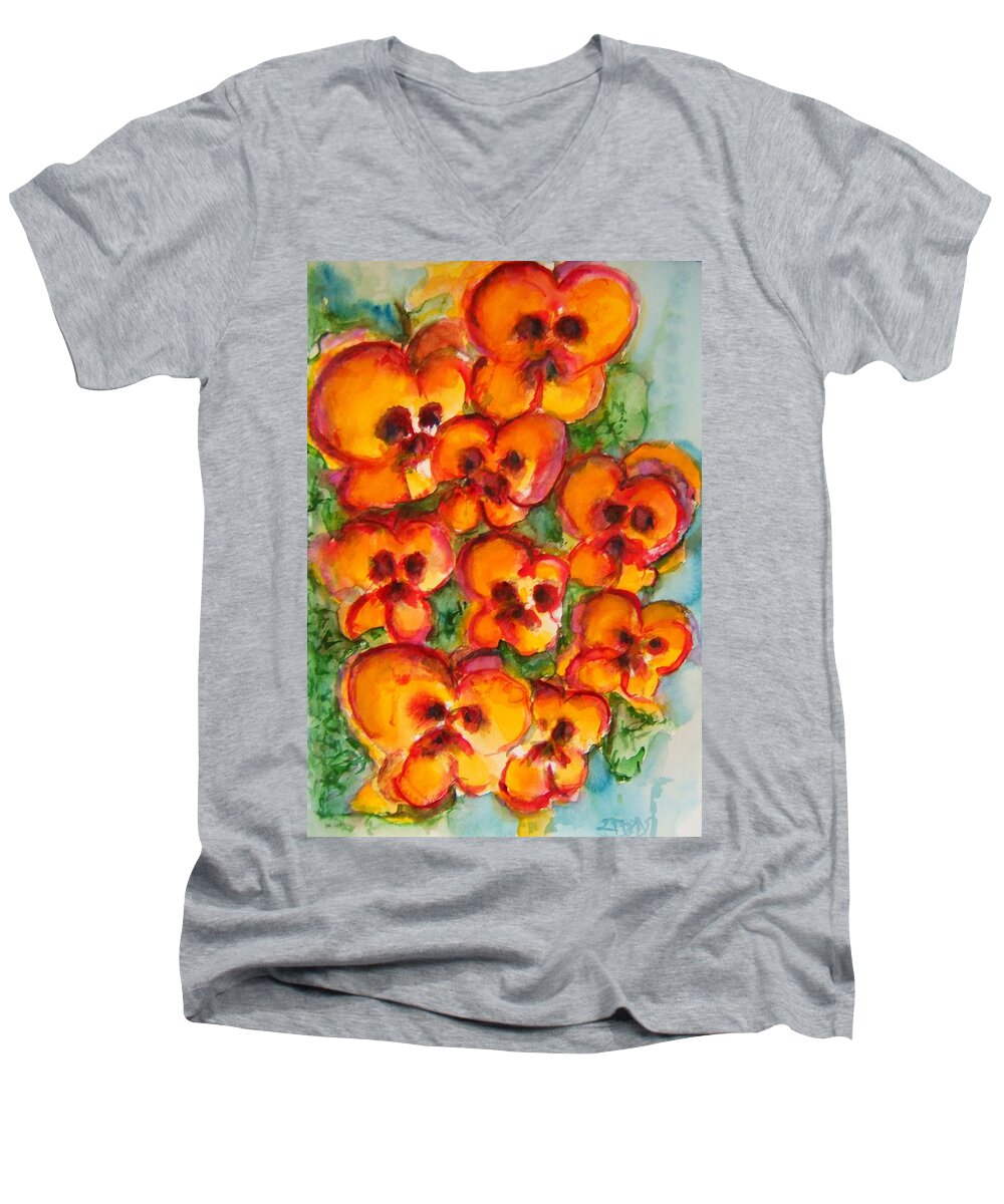 Pansies Men's V-Neck T-Shirt featuring the painting Pansies Love Us by Elaine Duras