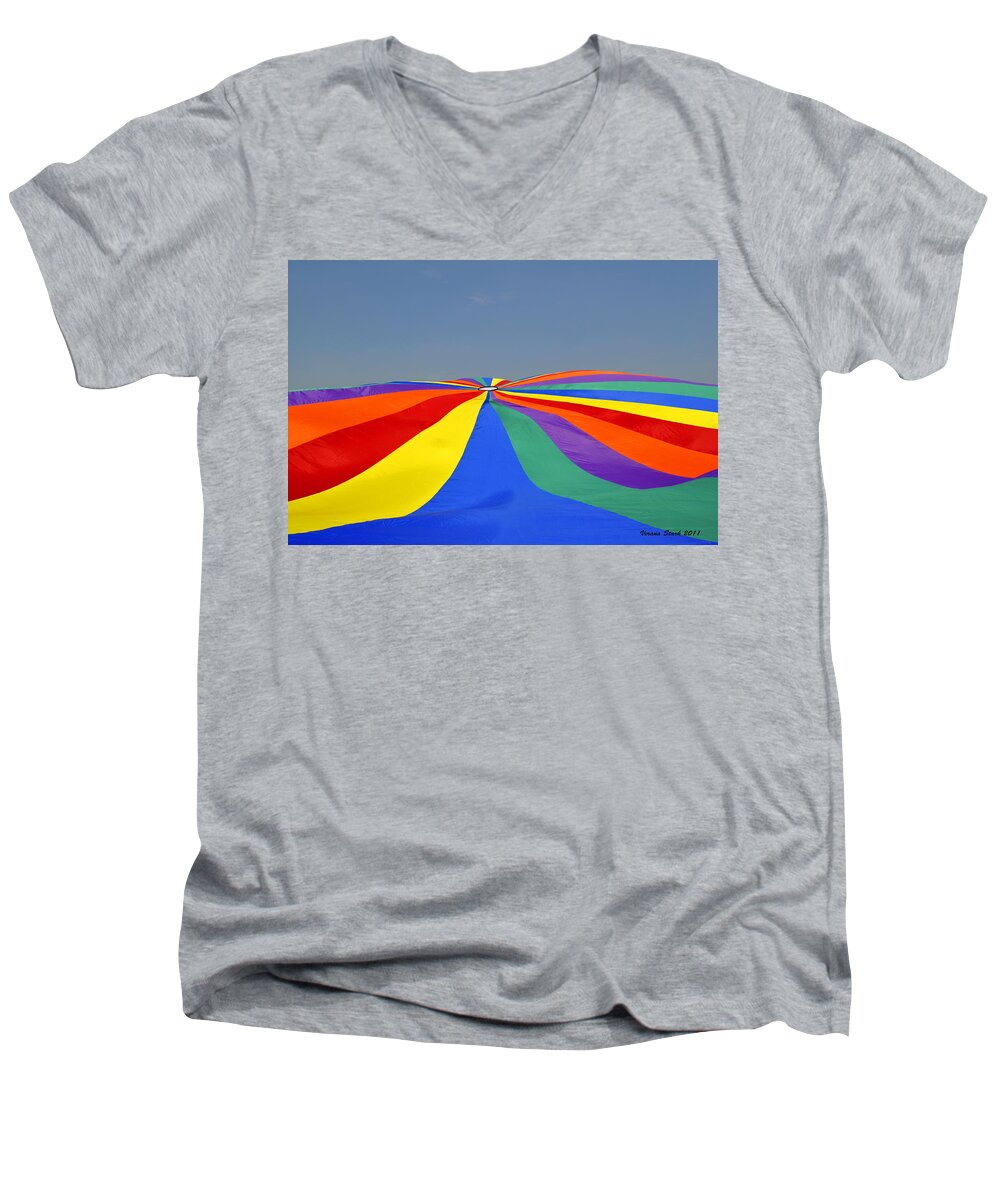 Parachute Men's V-Neck T-Shirt featuring the photograph Parachute of many colors by Verana Stark