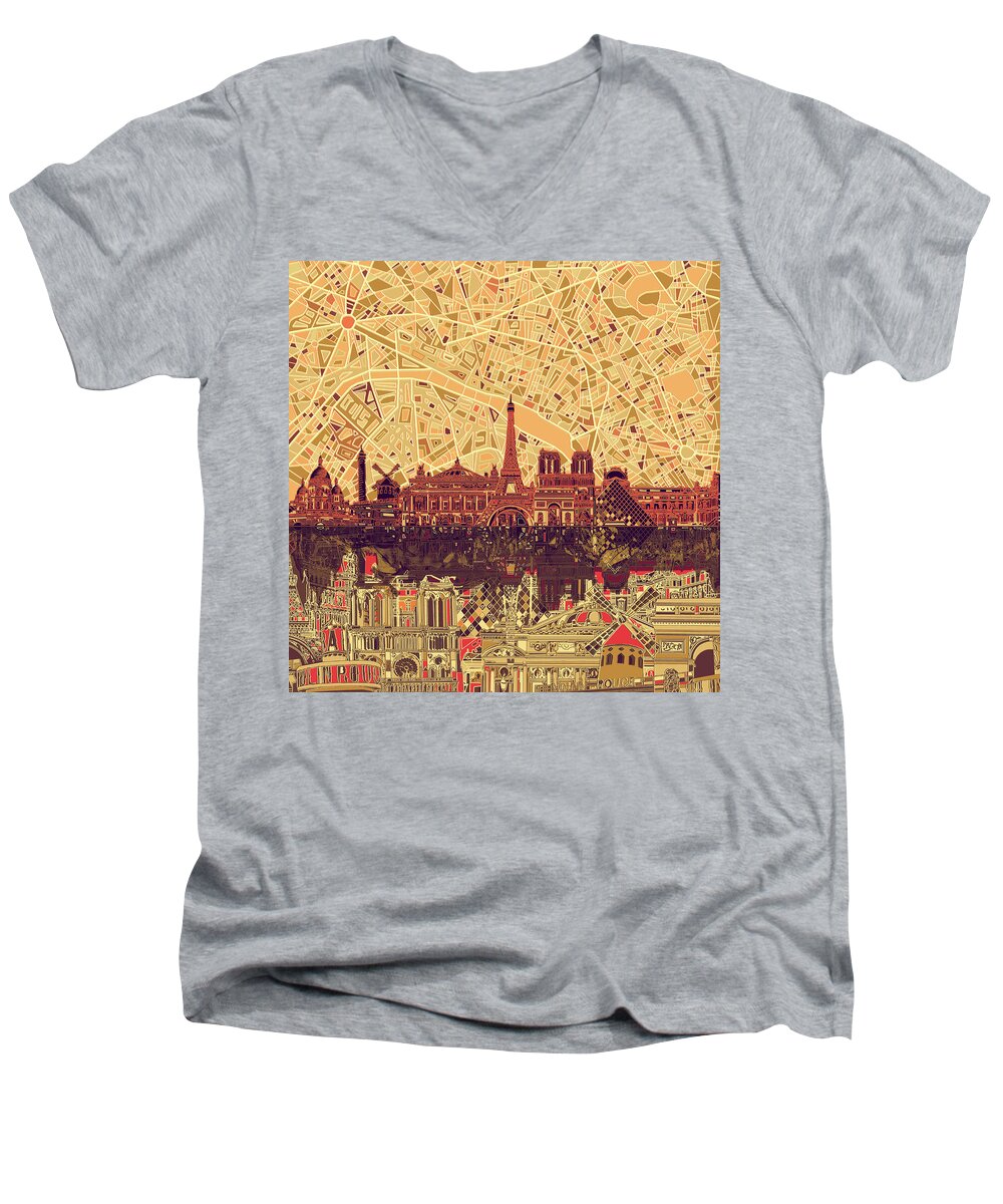 Paris Men's V-Neck T-Shirt featuring the painting Paris Skyline Abstract Sepia by Bekim M