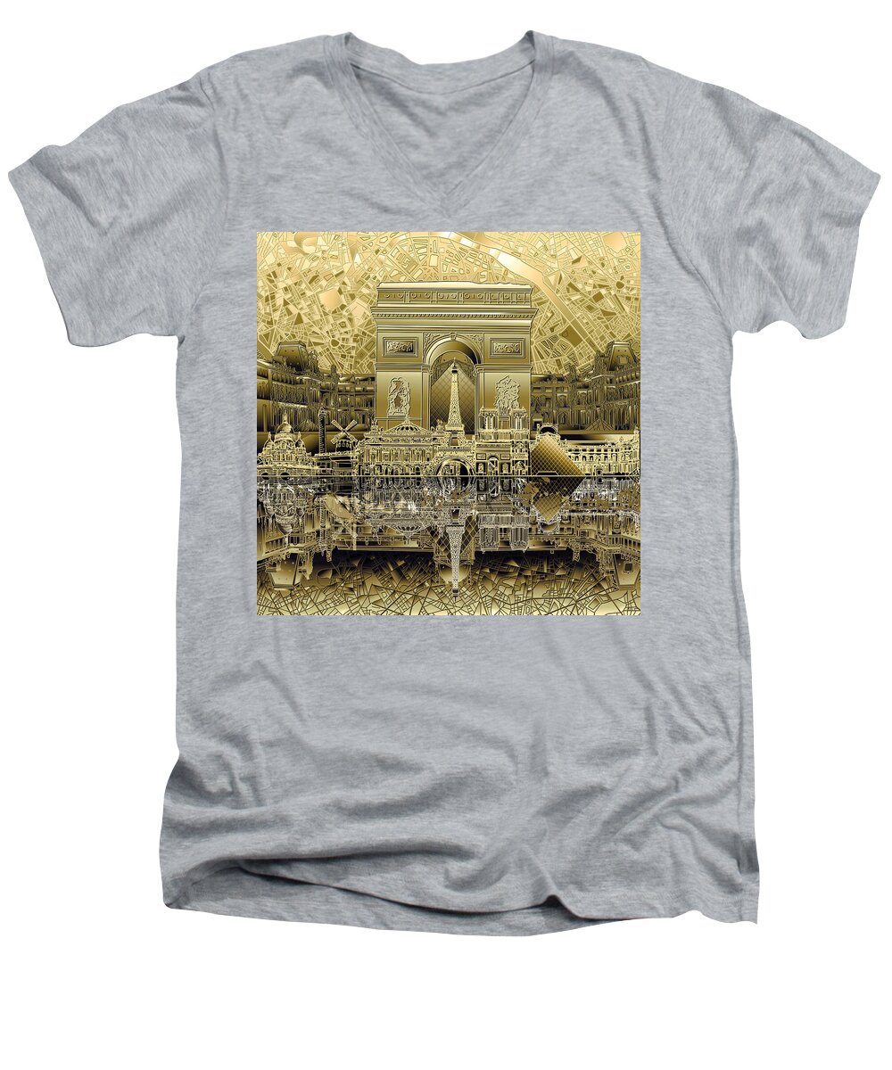 Paris Men's V-Neck T-Shirt featuring the painting Paris Skyline Landmarks 4 by Bekim M