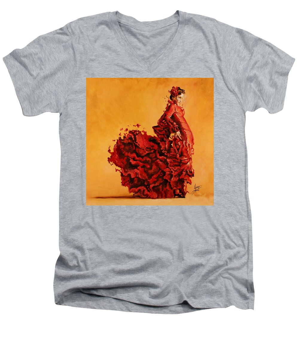 Flamenco Men's V-Neck T-Shirt featuring the painting Passion by Karina Llergo
