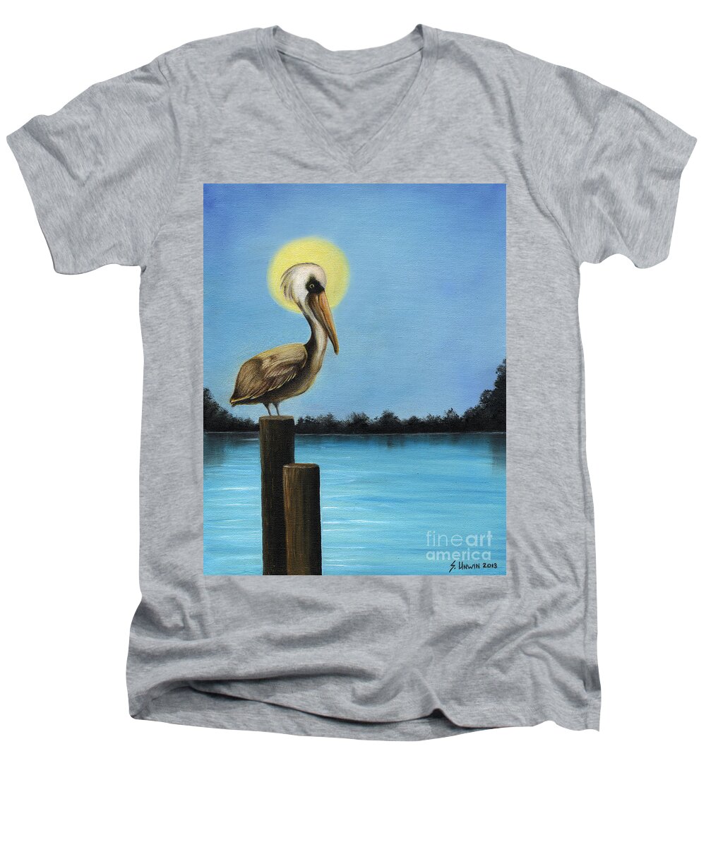 Peilcan Men's V-Neck T-Shirt featuring the mixed media Patiently Fishing by Sheryl Unwin