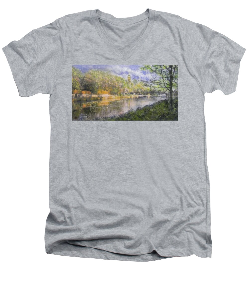 Landscape Men's V-Neck T-Shirt featuring the painting Peaceful Reflections by Richard James Digance