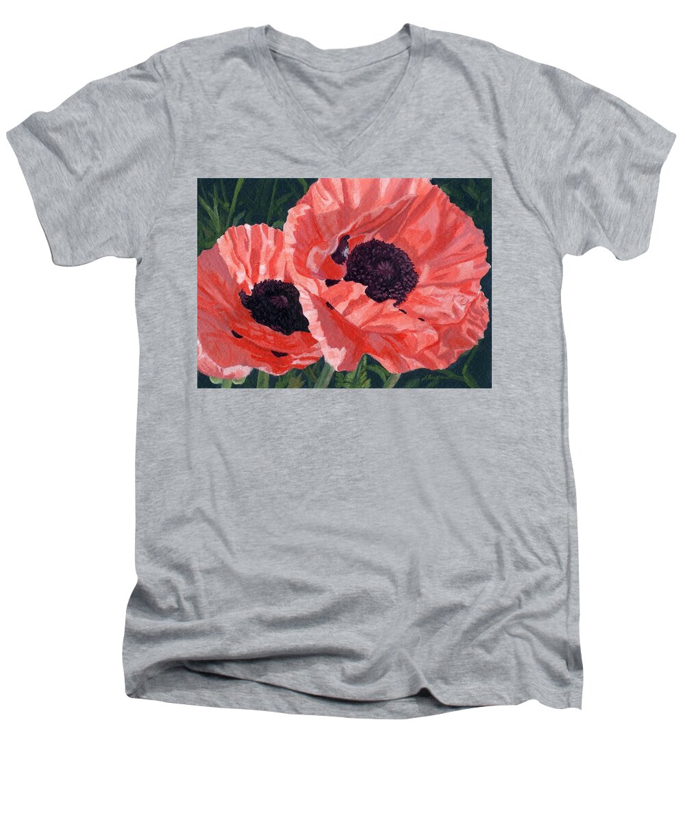 Poppies Men's V-Neck T-Shirt featuring the painting Peachy Poppies by Lynne Reichhart