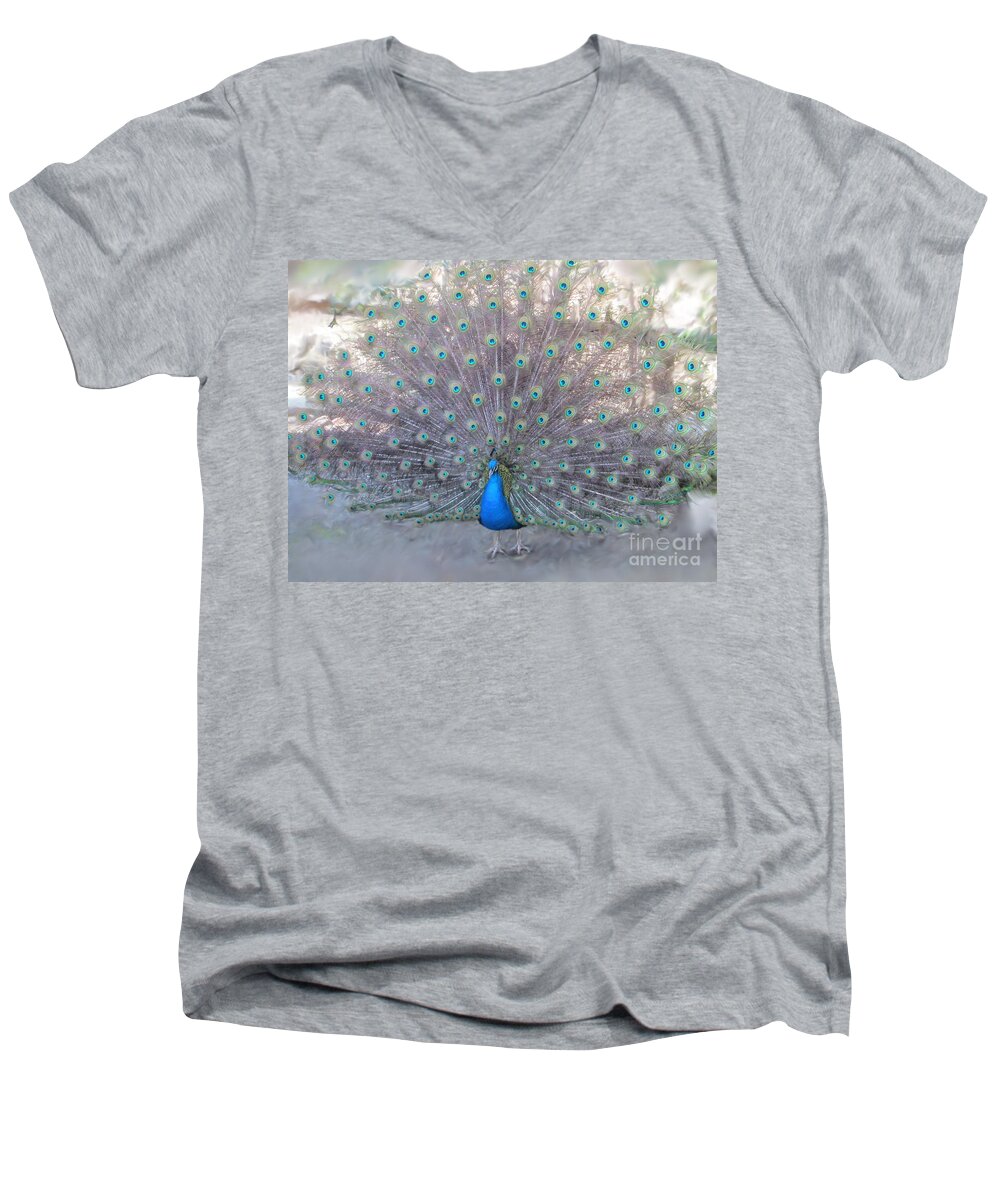 Peacock Men's V-Neck T-Shirt featuring the photograph Peacock3 by Laurianna Taylor