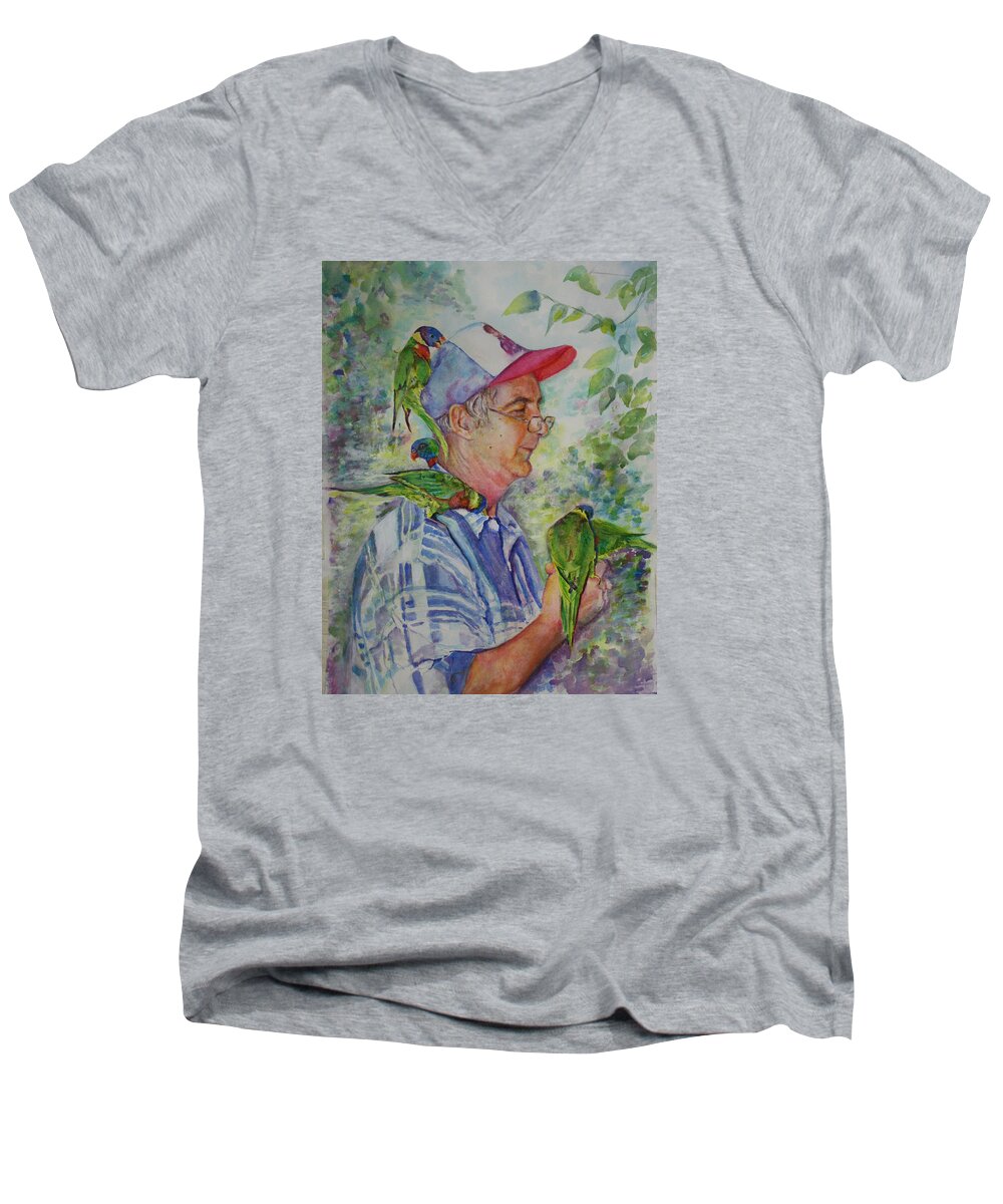 Nature Men's V-Neck T-Shirt featuring the painting Peekaboo by Mary Beglau Wykes