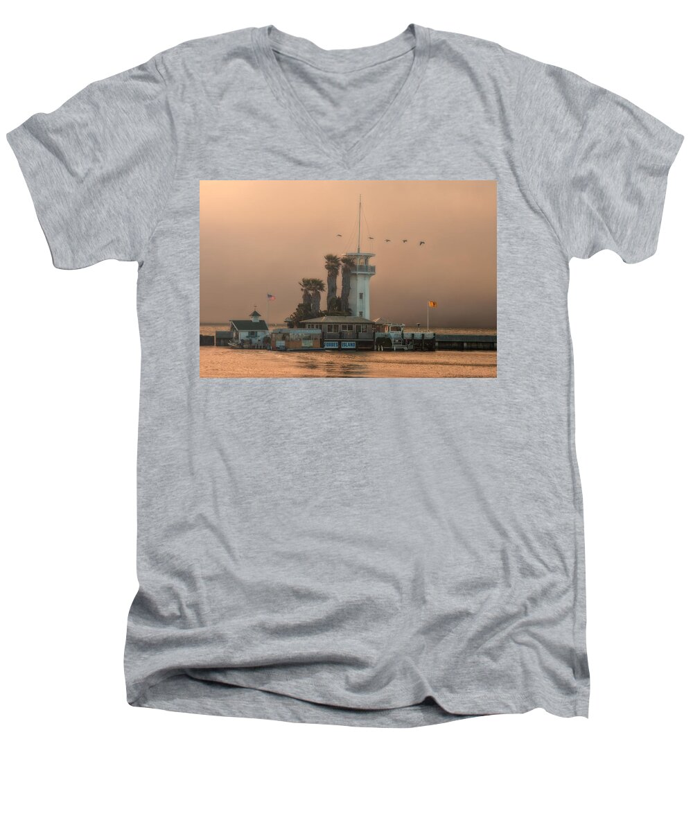 San Francisco Men's V-Neck T-Shirt featuring the photograph Pelicans Crossing at Forbes Island by Joe Ownbey