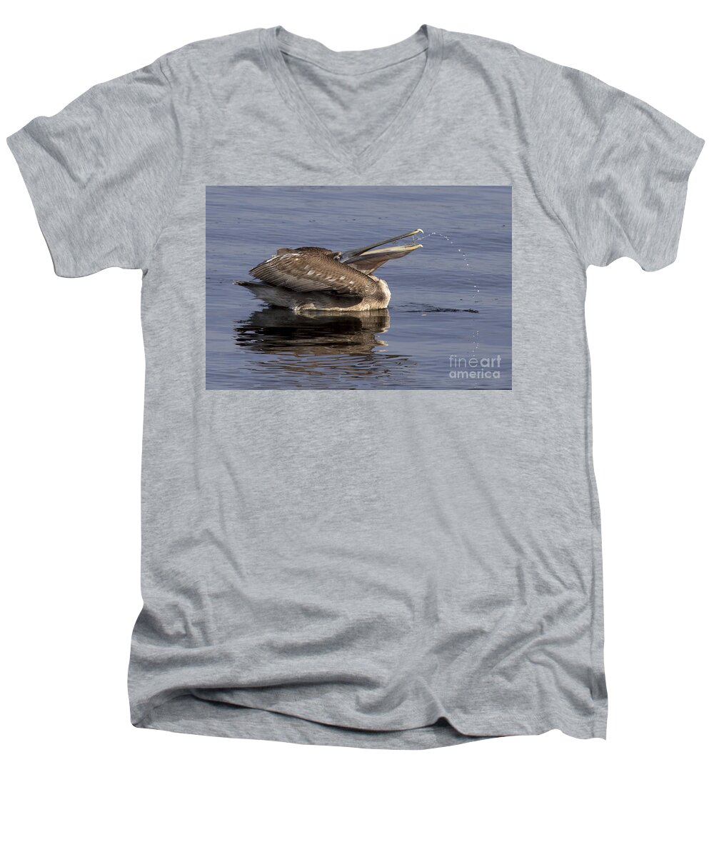 Brown Pelican Men's V-Neck T-Shirt featuring the photograph Pelican Fountain by Meg Rousher