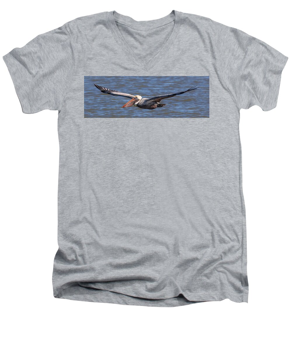 Pelican Men's V-Neck T-Shirt featuring the photograph Pelican in Flight by Patricia Schaefer