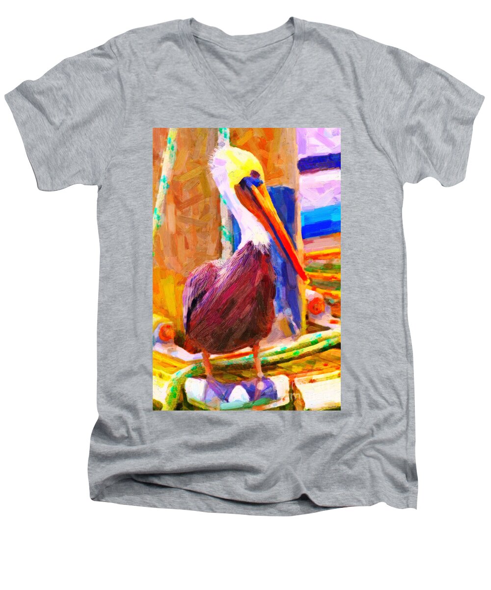 Animal Men's V-Neck T-Shirt featuring the photograph Pelican On The Dock by Wingsdomain Art and Photography