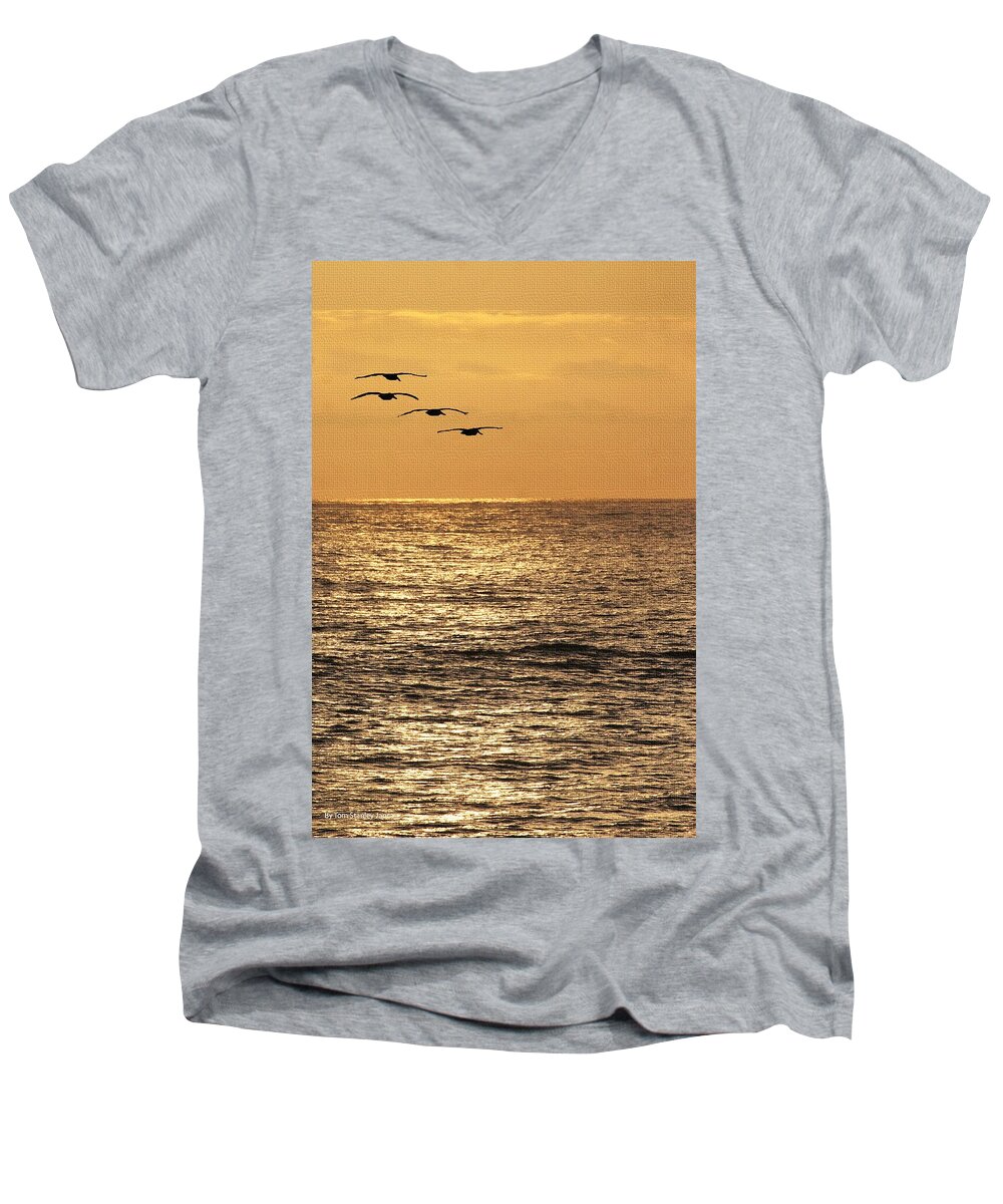 Pelicans Men's V-Neck T-Shirt featuring the photograph Pelicans Ocean And Sunsetting by Tom Janca
