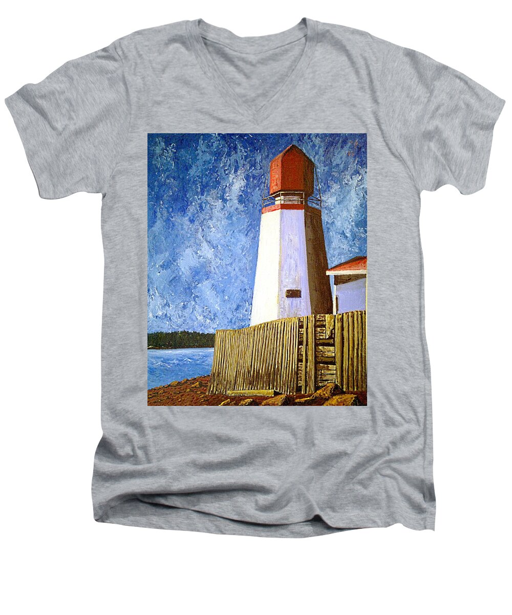 Sea Men's V-Neck T-Shirt featuring the painting Pendlebury Lighthouse by Michael Graham