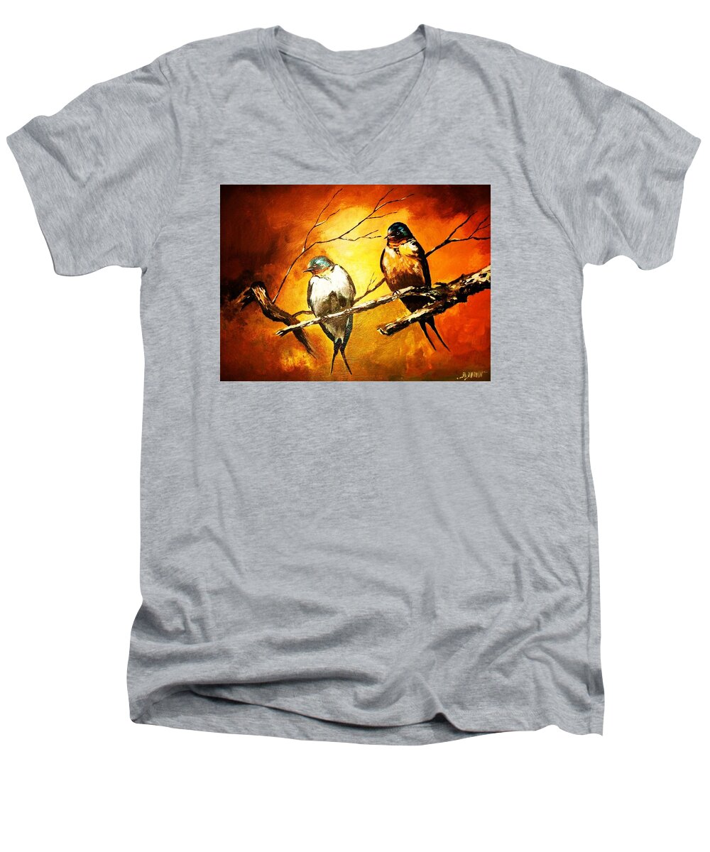 Birds Men's V-Neck T-Shirt featuring the painting Perched Swallows by Al Brown