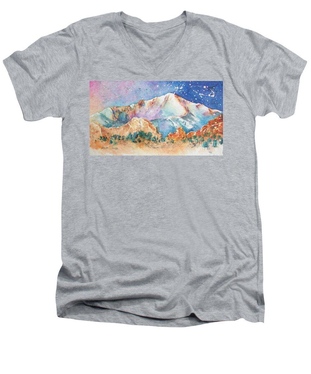 Pikes Peak Men's V-Neck T-Shirt featuring the painting Pikes Peak Over the Garden of the Gods by Carol Losinski Naylor