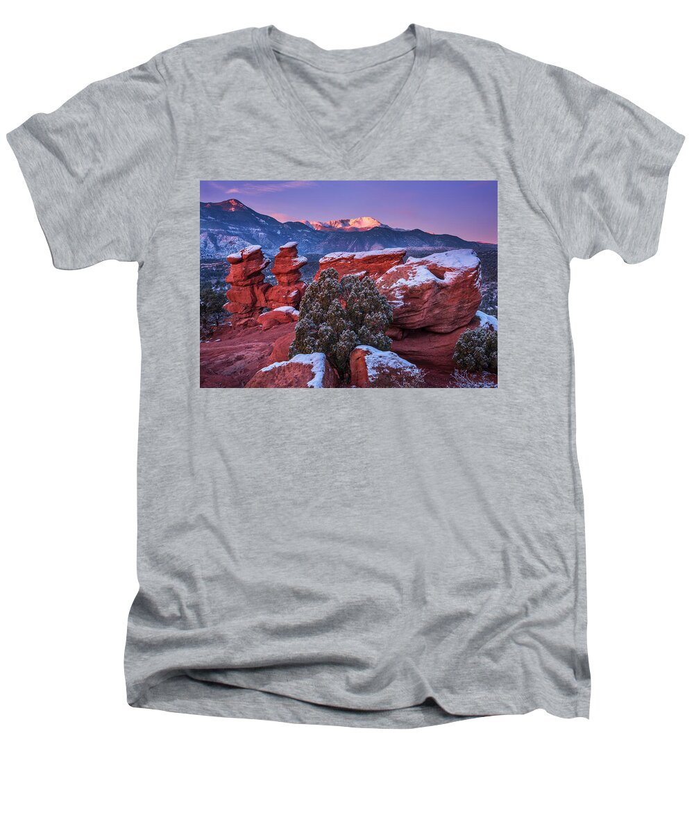 Mountain Men's V-Neck T-Shirt featuring the photograph Pikes Peak Sunrise by Darren White