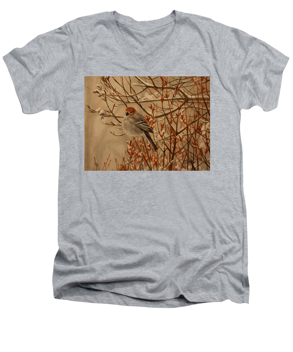 Bird Men's V-Neck T-Shirt featuring the painting Pine Grosbeak by Tammy Taylor
