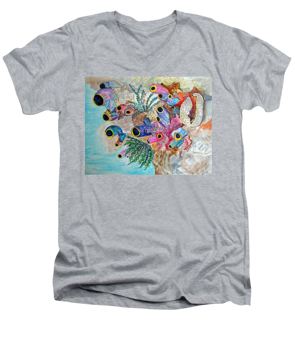 Komodo Island Men's V-Neck T-Shirt featuring the painting Pink Beach Sea Squirts by Patricia Beebe