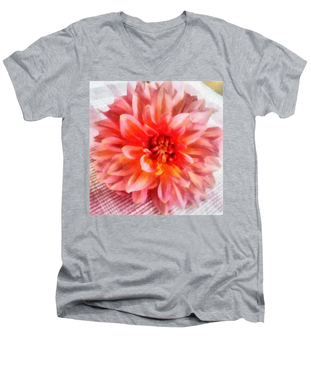 Botanical Men's V-Neck T-Shirt featuring the photograph Pink Dahlia by Michelle Calkins