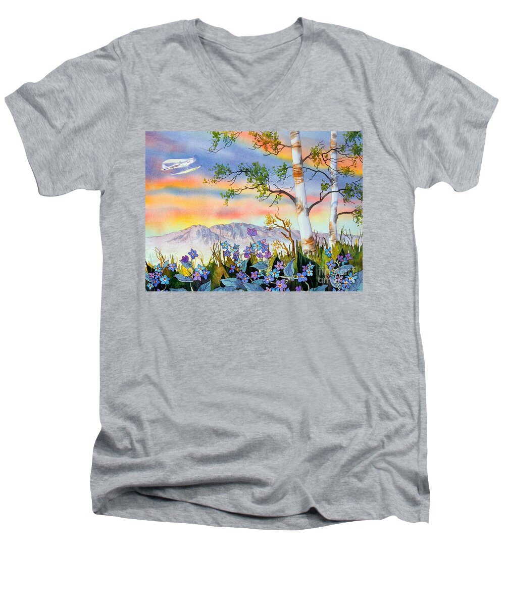 Piper Cub Over Sleeping Lady Men's V-Neck T-Shirt featuring the painting Piper Cub Over Sleeping Lady by Teresa Ascone
