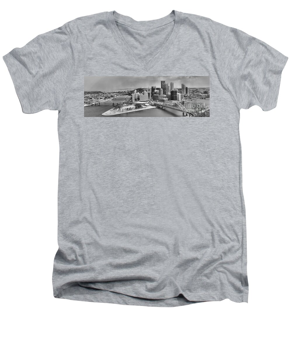 Black And White Men's V-Neck T-Shirt featuring the photograph Pittsburgh Black And White Winter Panorama by Adam Jewell