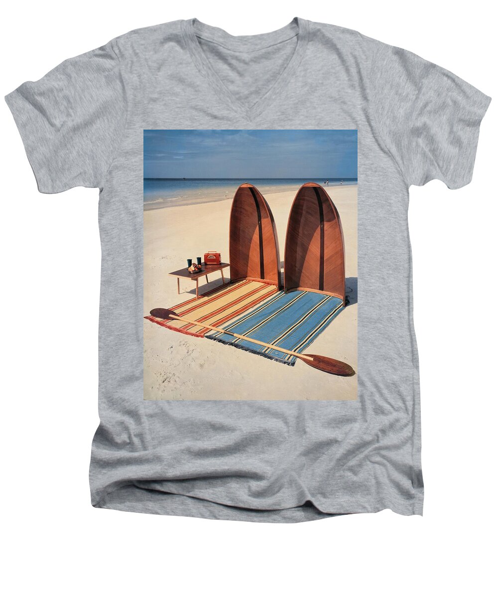 Accessories Men's V-Neck T-Shirt featuring the photograph Pixie Collapsible Boat On The Beach by Lois and Joe Steinmetz