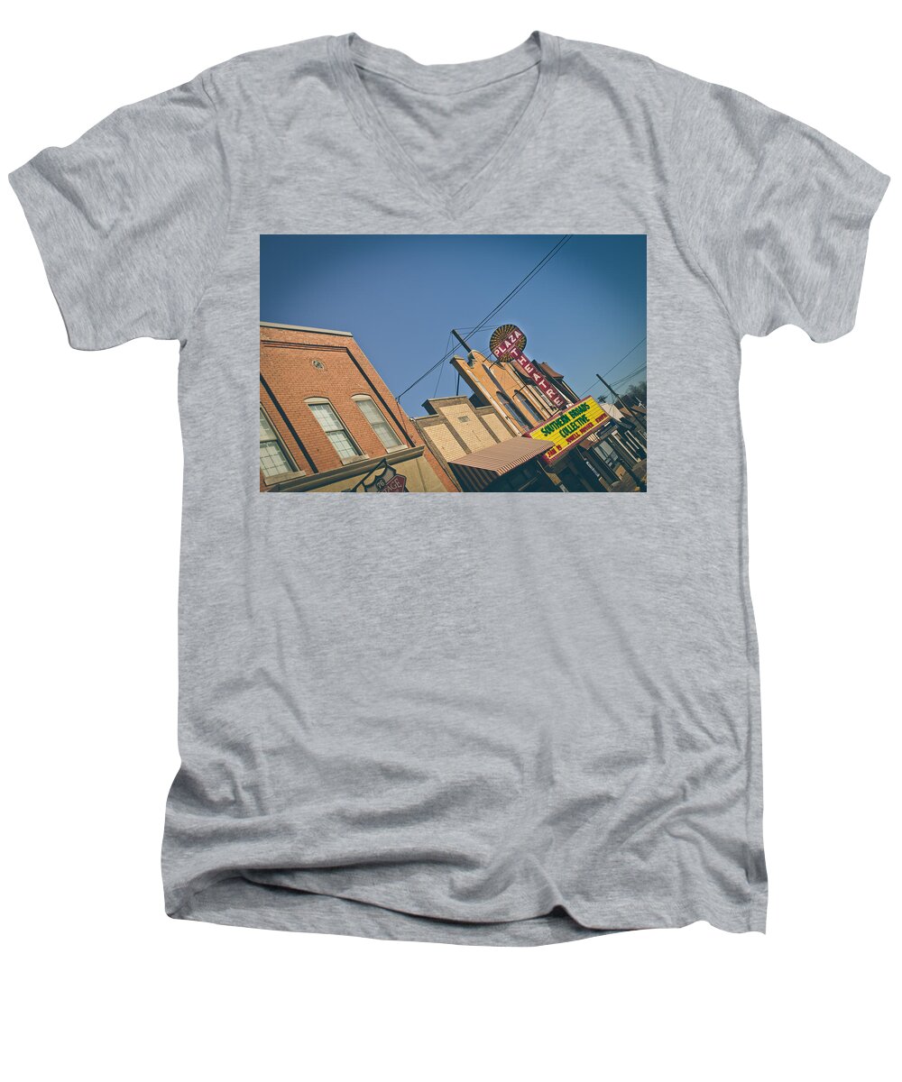 Plaza Men's V-Neck T-Shirt featuring the photograph Plaza Theatre by Amber Flowers