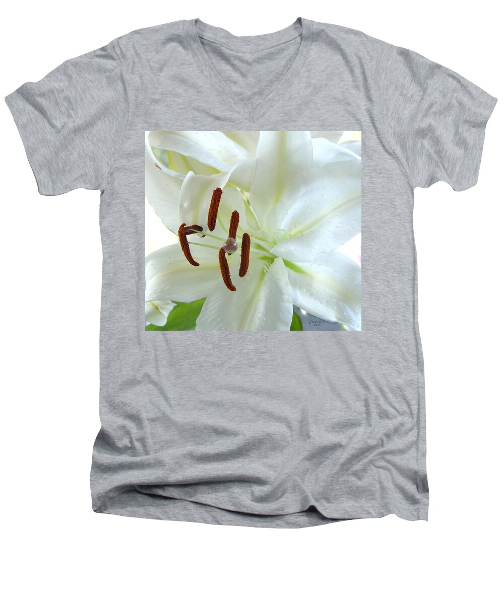 Photography Men's V-Neck T-Shirt featuring the photograph Pollinated white tiger lily by Julianne Felton