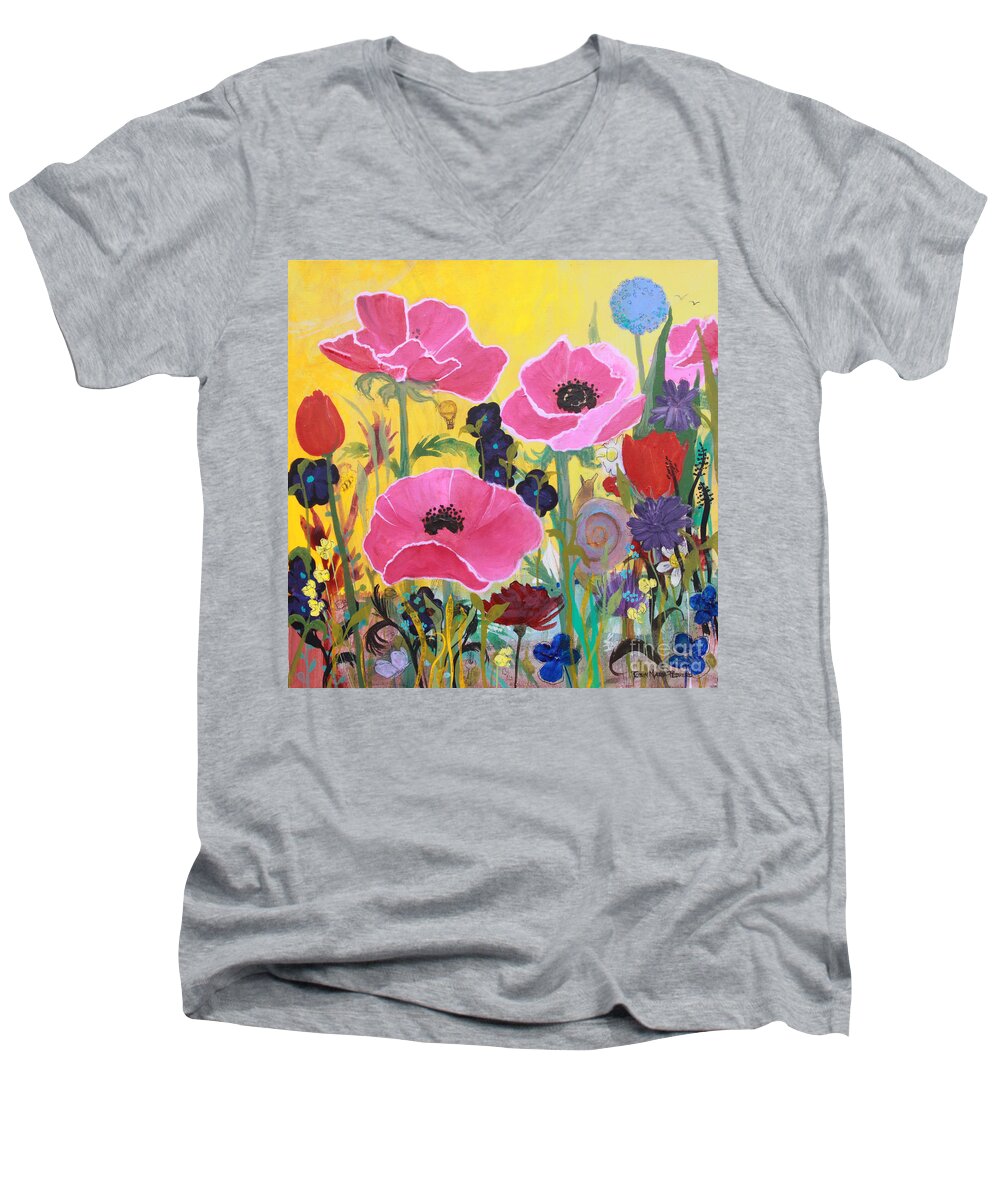 Poppies Men's V-Neck T-Shirt featuring the painting Poppies and Time Traveler by Robin Pedrero