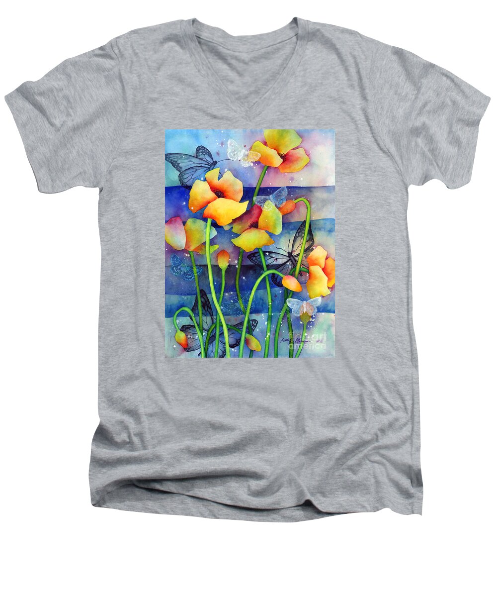 Flower Men's V-Neck T-Shirt featuring the painting Poppy Field - Butterflies by Hailey E Herrera
