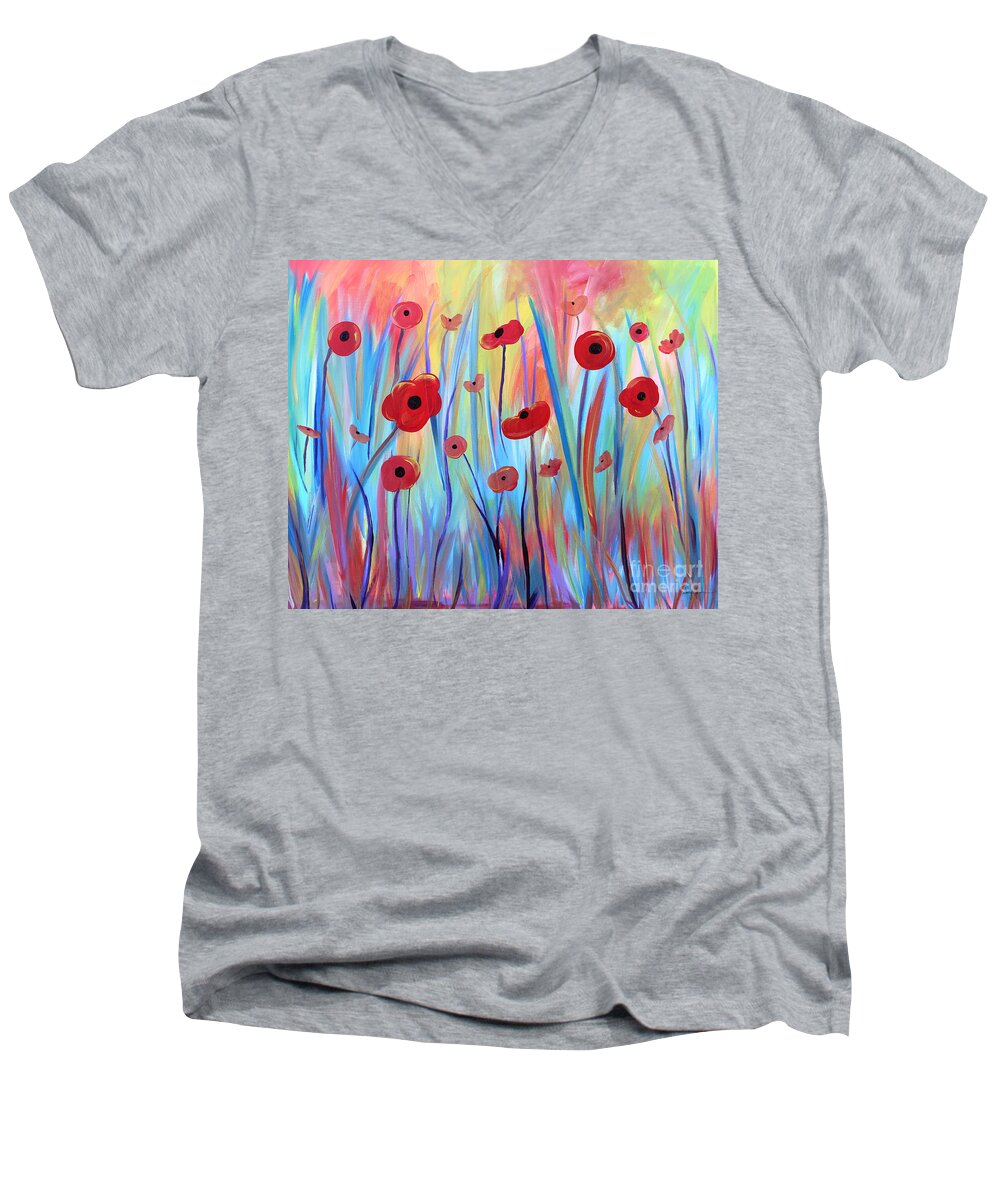 Flowers Men's V-Neck T-Shirt featuring the painting Poppy Symphony by Stacey Zimmerman