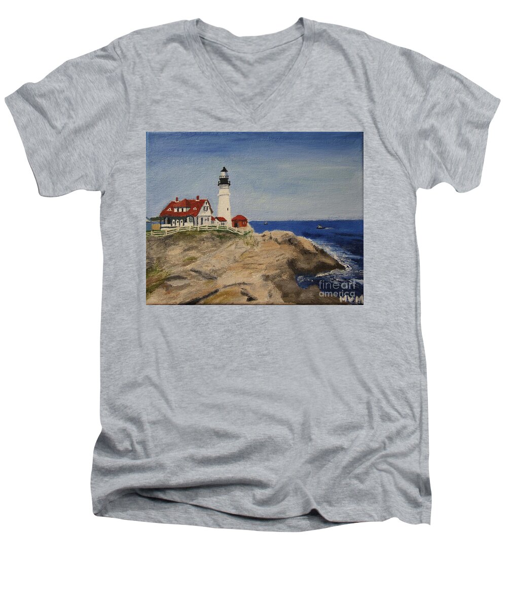 Lighthouse Men's V-Neck T-Shirt featuring the painting Portland Head Lighthouse in Maine by Marina McLain