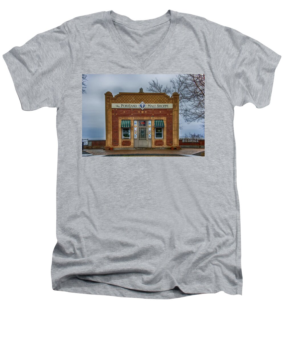 Lake Superior Men's V-Neck T-Shirt featuring the photograph Portland Malt Shop by Paul Freidlund