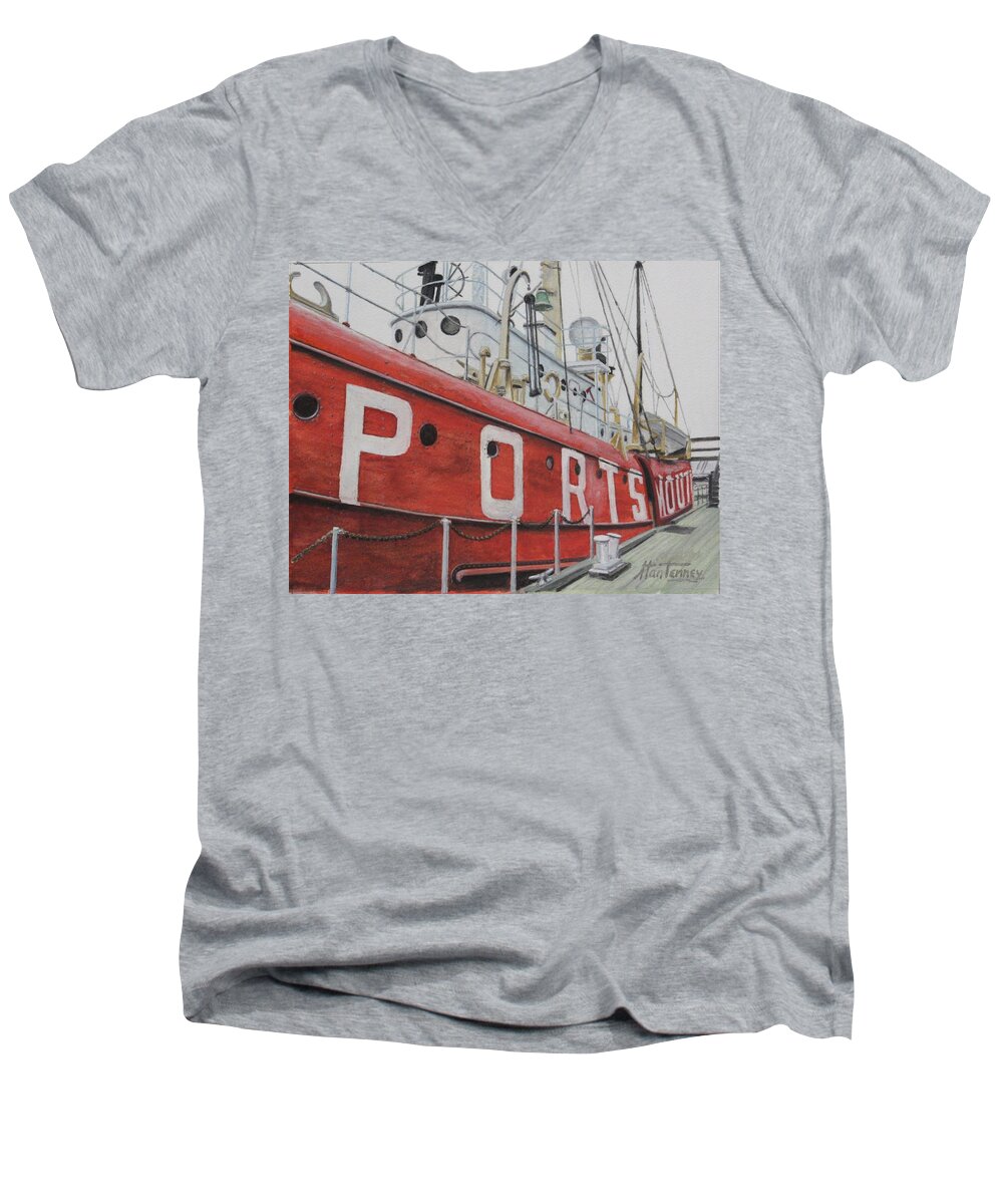 Portsmouth Men's V-Neck T-Shirt featuring the painting Portsmouth Lightship by Stan Tenney