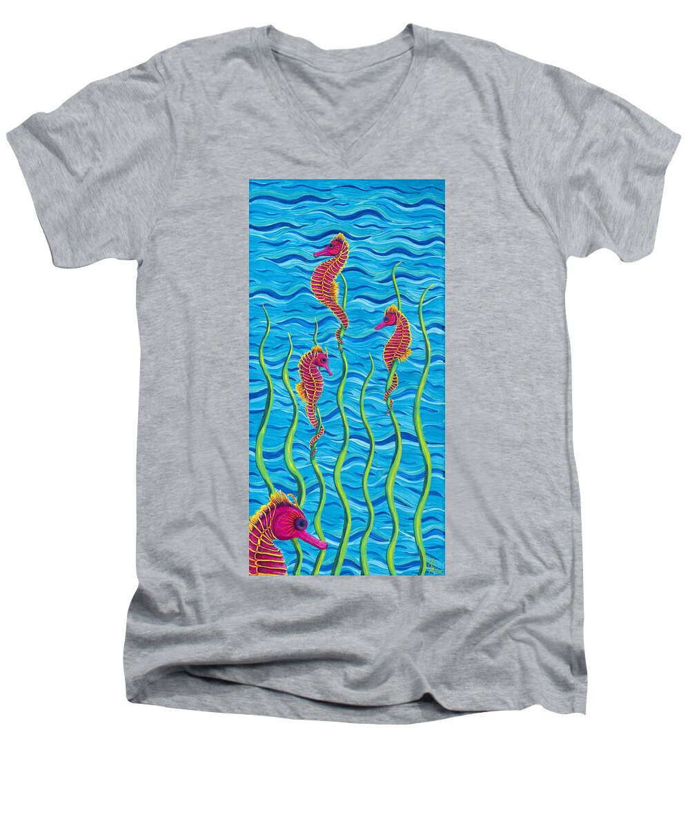 Seahorse Men's V-Neck T-Shirt featuring the painting Poseidon's Steed Painting Bomber by Rebecca Parker