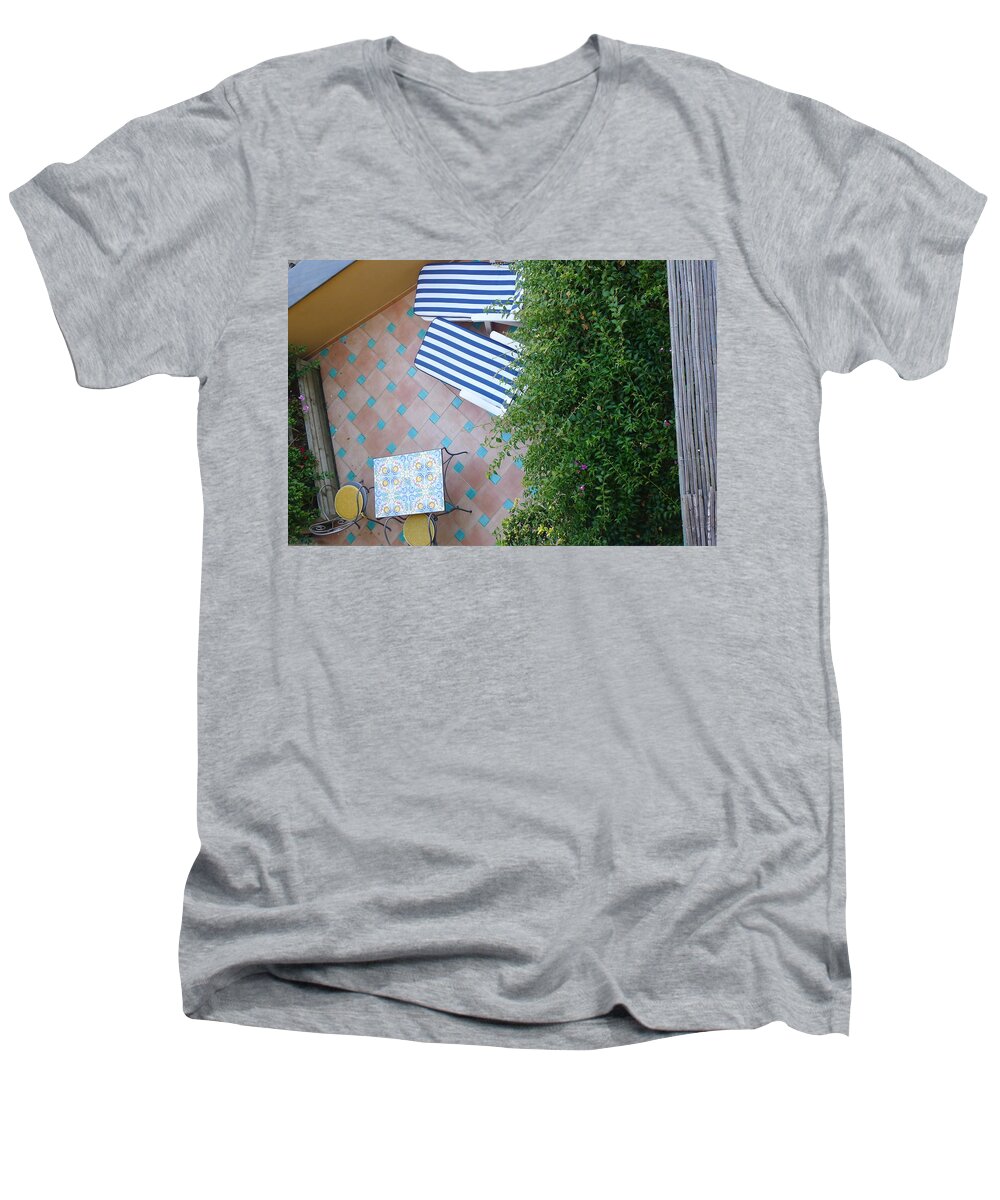  Men's V-Neck T-Shirt featuring the photograph Positano - Balcony View - Lounge Chairs by Nora Boghossian