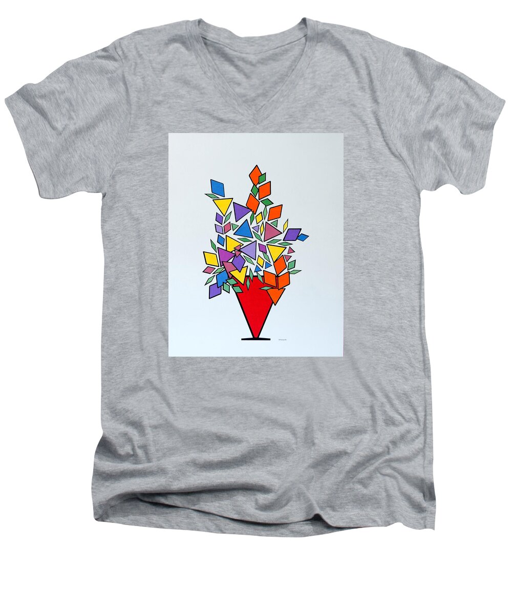 Botanical Men's V-Neck T-Shirt featuring the painting Potted Blooms Triangle by Thomas Gronowski
