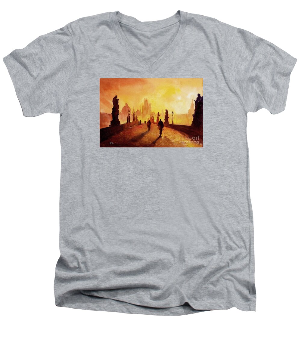  Men's V-Neck T-Shirt featuring the painting Prague Sunrise by Ryan Fox