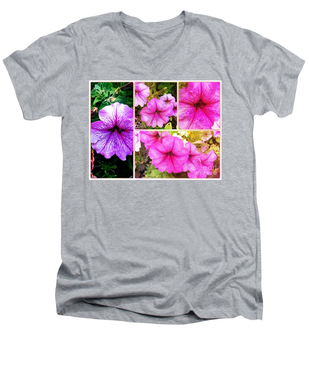 Pretty Pink Petunias Collage Men's V-Neck T-Shirt featuring the photograph Pretty Pink Petunias Collage by Femina Photo Art By Maggie