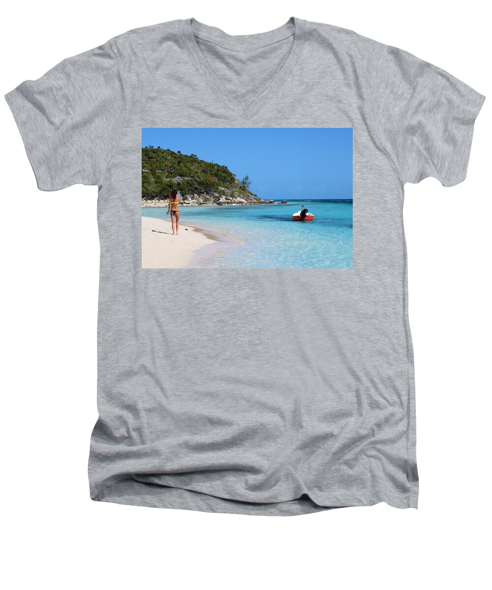 Beach Men's V-Neck T-Shirt featuring the photograph Private Beach Bahamas by Jane Girardot