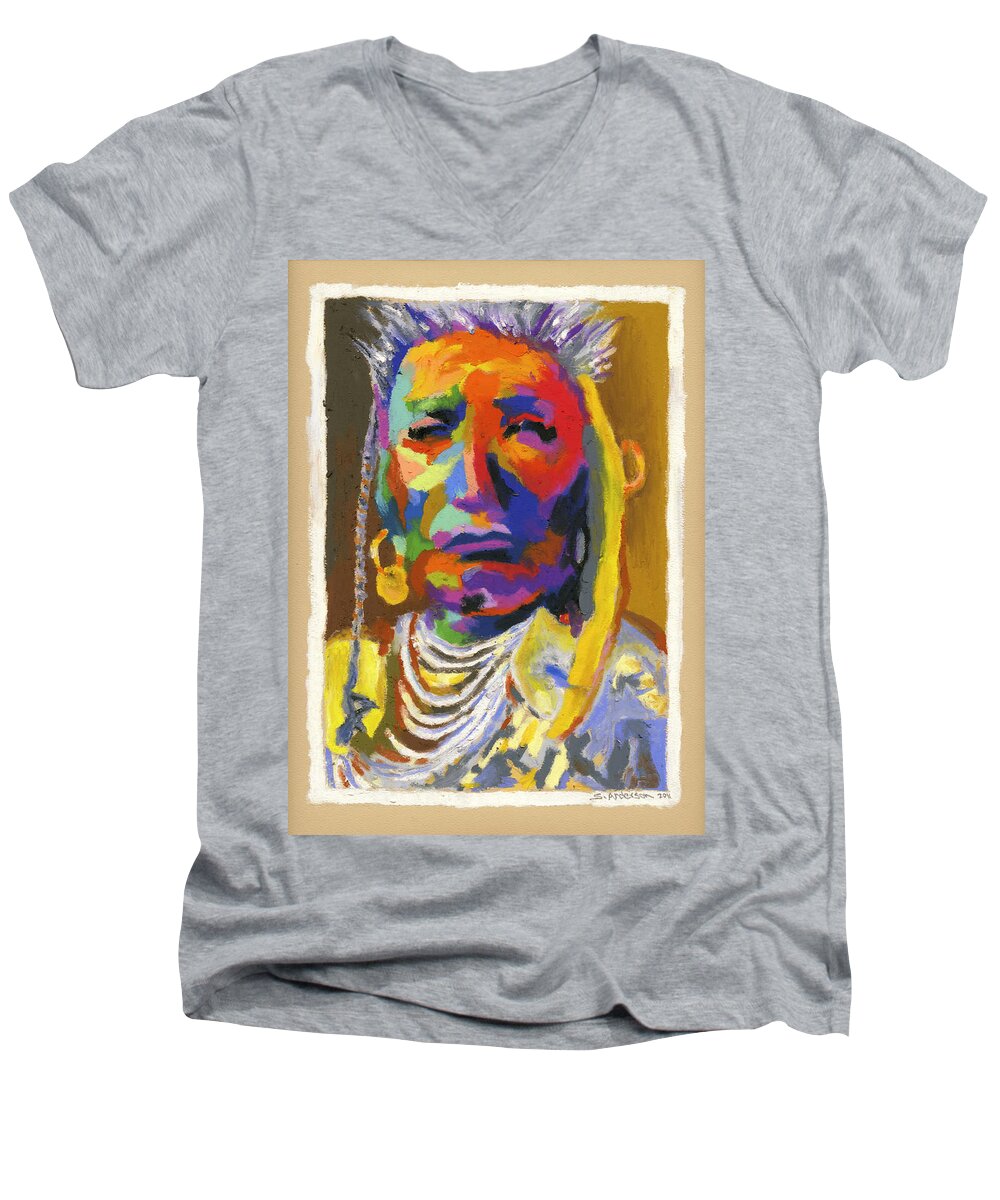Indian Men's V-Neck T-Shirt featuring the painting Proud Native American by Stephen Anderson