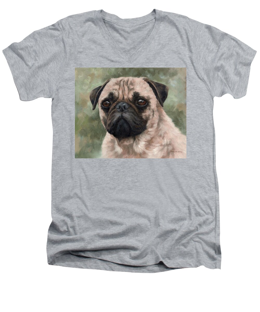 Pug Men's V-Neck T-Shirt featuring the painting Pug Portrait Painting by Rachel Stribbling