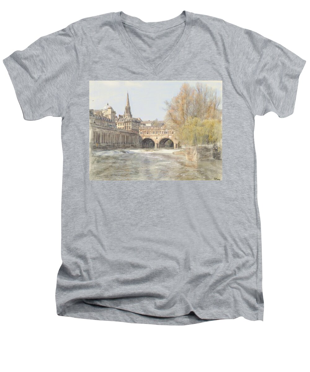 River Men's V-Neck T-Shirt featuring the digital art Pulteney Bridge Bath by Ron Harpham