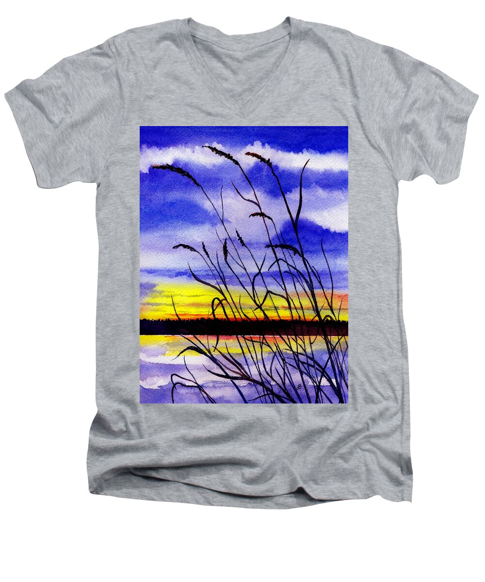 Watercolor Men's V-Neck T-Shirt featuring the painting Purple Sunset by Brenda Owen