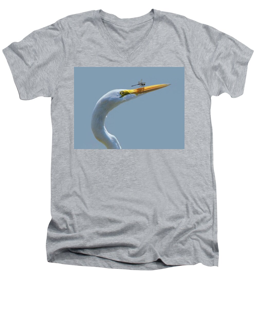 Egret Men's V-Neck T-Shirt featuring the photograph Pushing The Limits by Charlotte Schafer