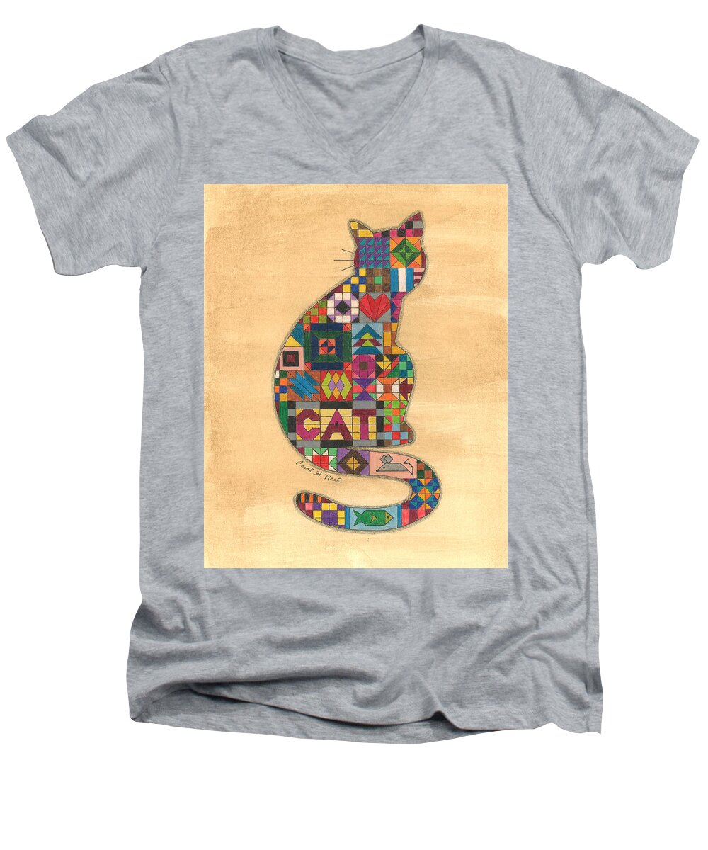 Cat Men's V-Neck T-Shirt featuring the drawing Quilted Cat by Carol Neal