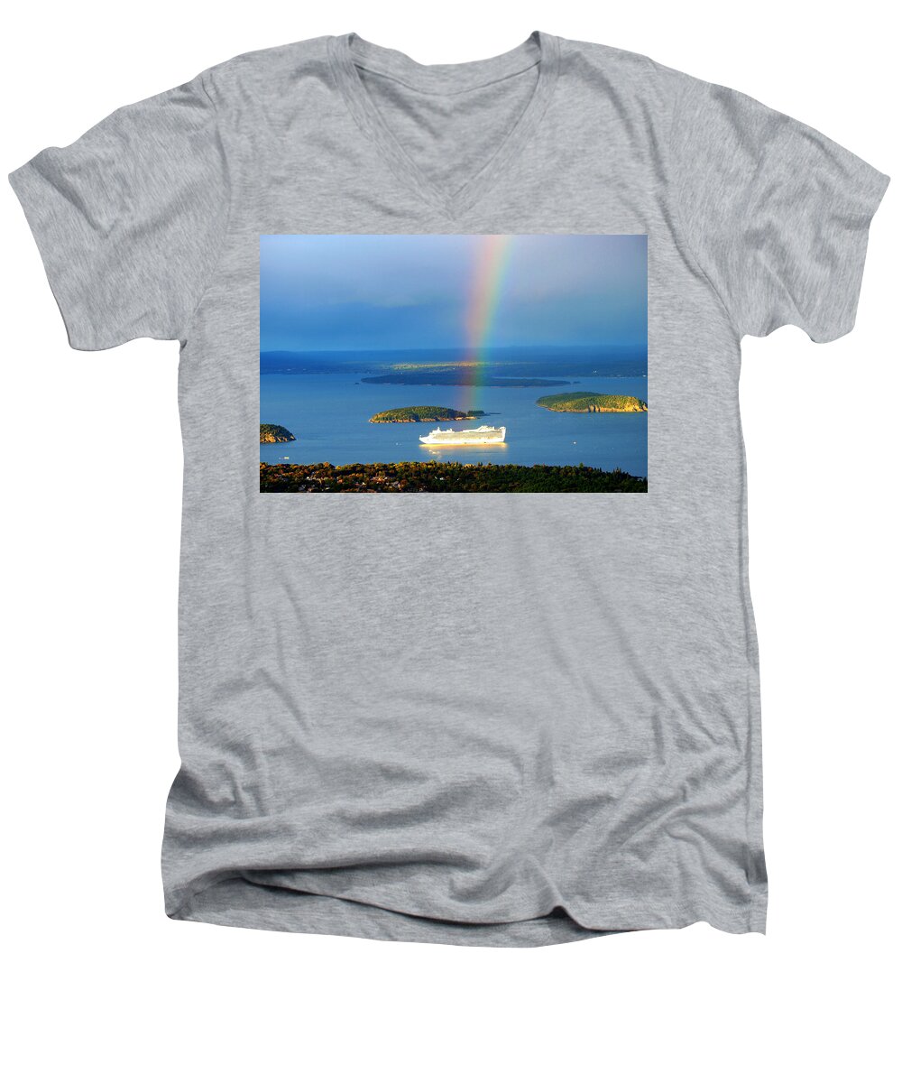 Rain Men's V-Neck T-Shirt featuring the photograph Rainbow on the ship in Acadia National Park Maine by Paul Ge