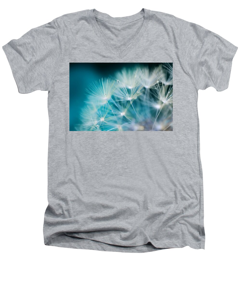 Raindrops Men's V-Neck T-Shirt featuring the photograph Raindrops On Dandelion Sea Blue by Marianna Mills