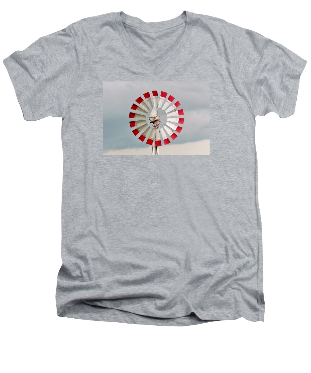 Red Men's V-Neck T-Shirt featuring the photograph Red and White Windmill by Cynthia Guinn