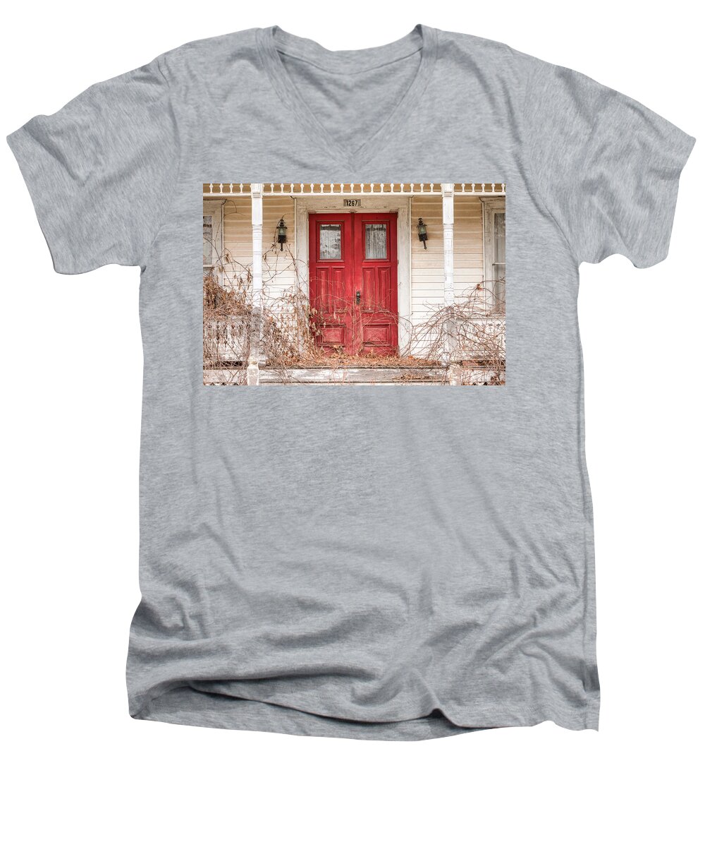 Doors Men's V-Neck T-Shirt featuring the photograph Red doors - Charming old doors on the abandoned house by Gary Heller